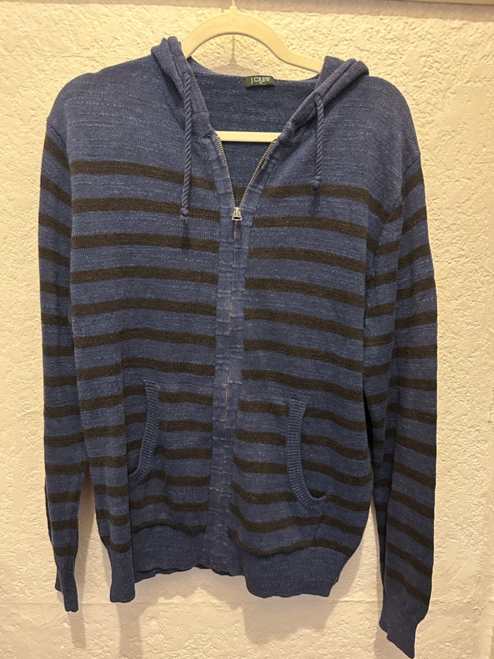 J. Crew Men's Navy Blue and Black Striped Zip-Up Hoodie Sweater